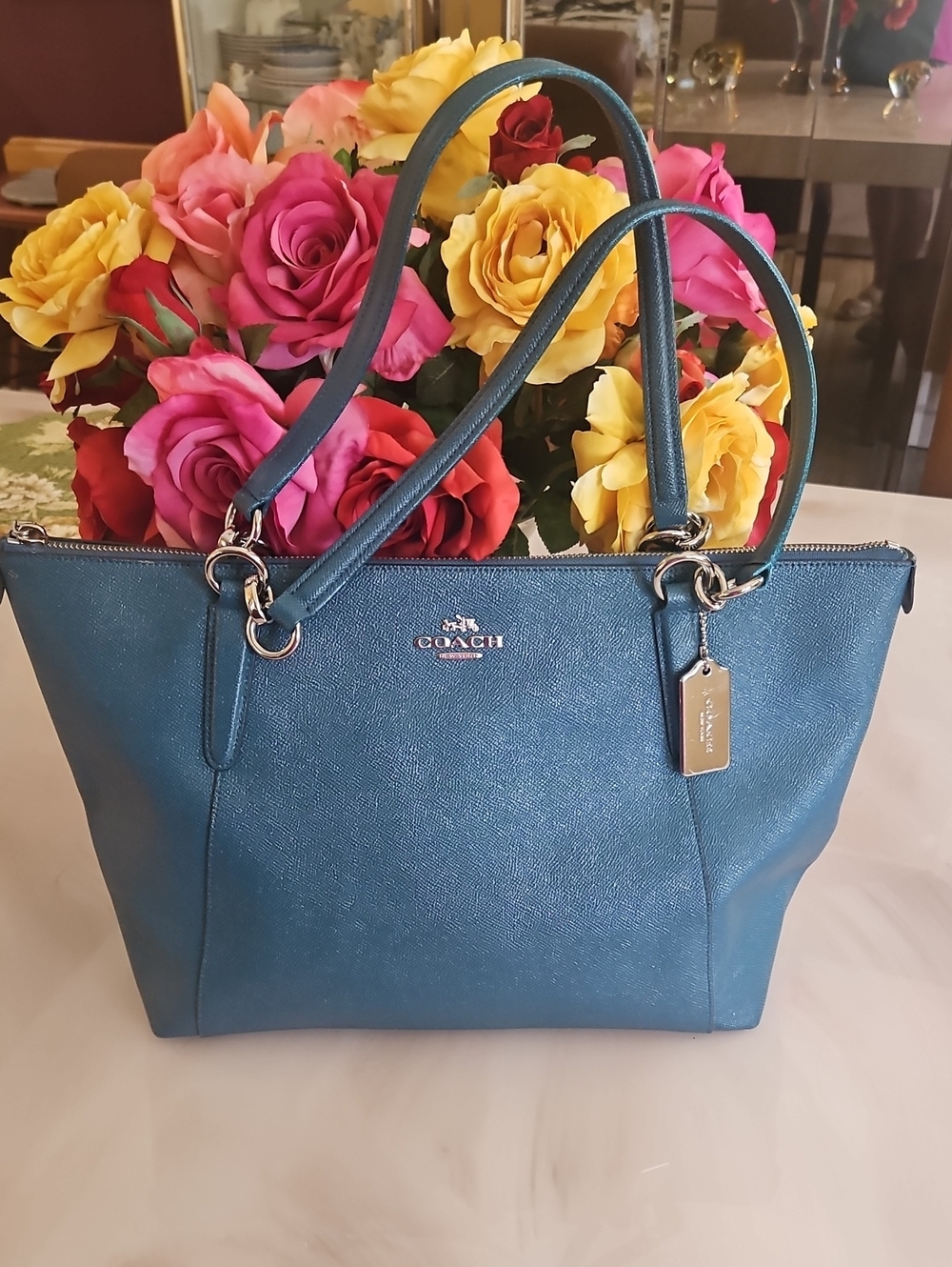 COACH AVA tote Bag Blue Metallic Teal Crossgrain Silver Tone Hardware